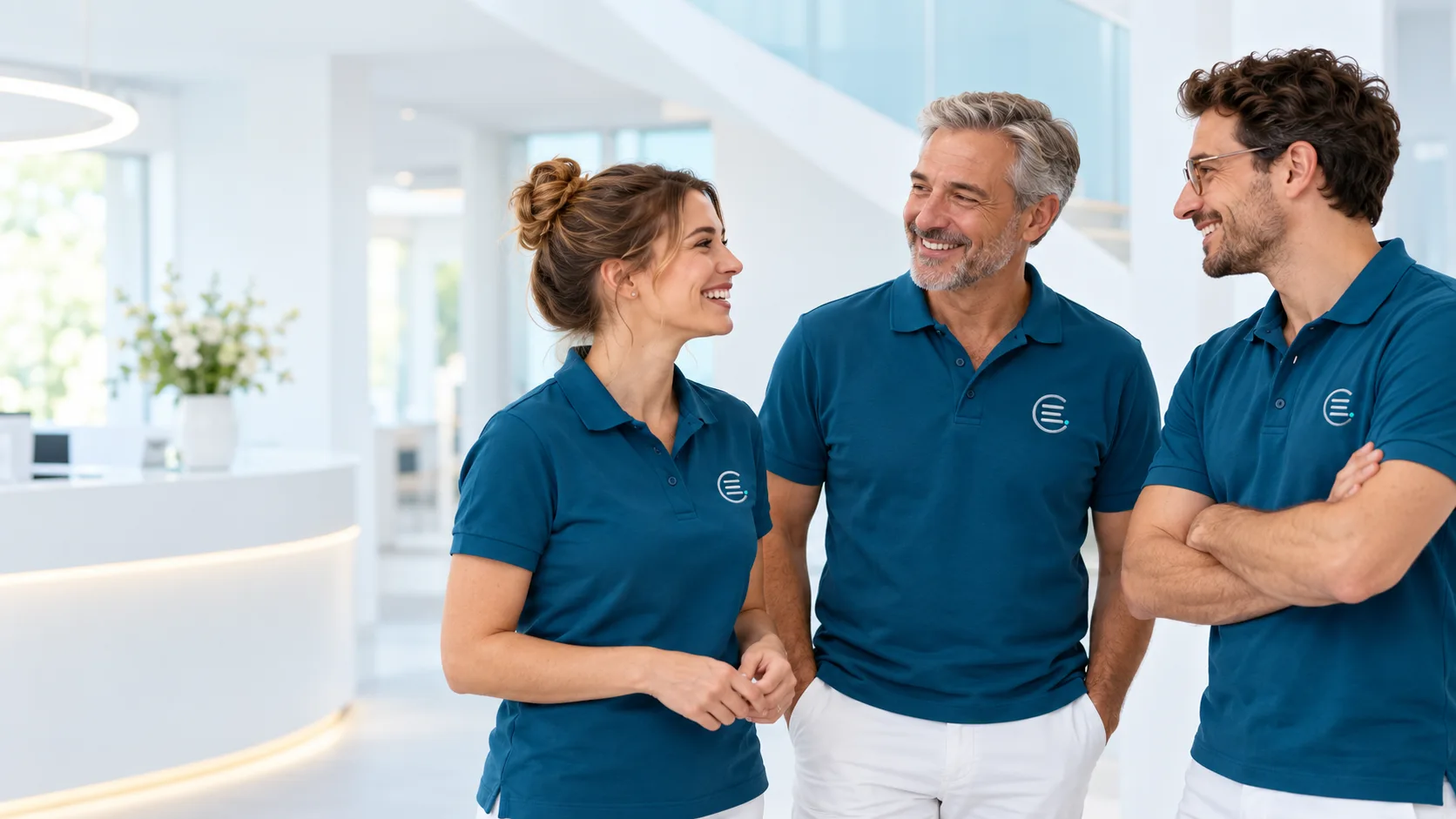 Illustratives Praxisteam in petrolblauen Poloshirts mit Elara Monogramm